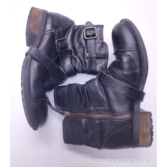 UGG Finney Black Leather Buckle Zipper Moto Biker Boots womens Size 8 - Picture 3 of 10